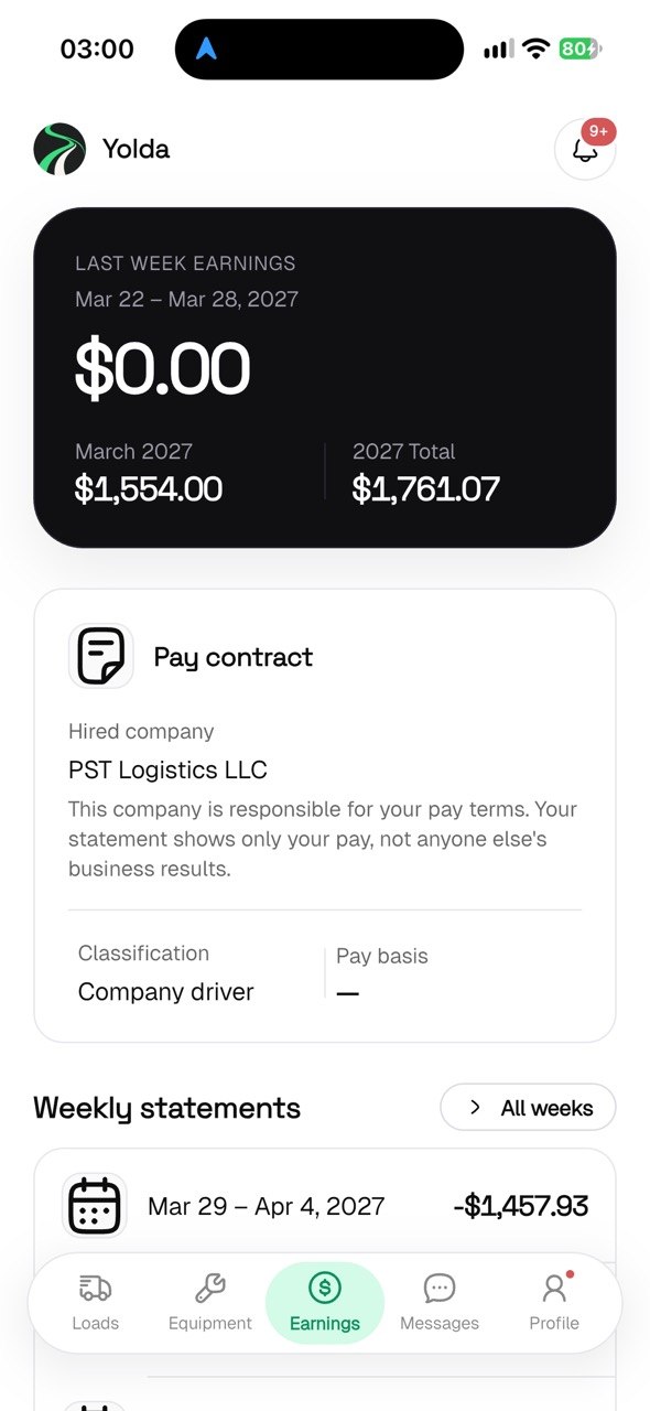 Yolda driver app earnings screen showing last week's earnings, pay contract, and weekly statements