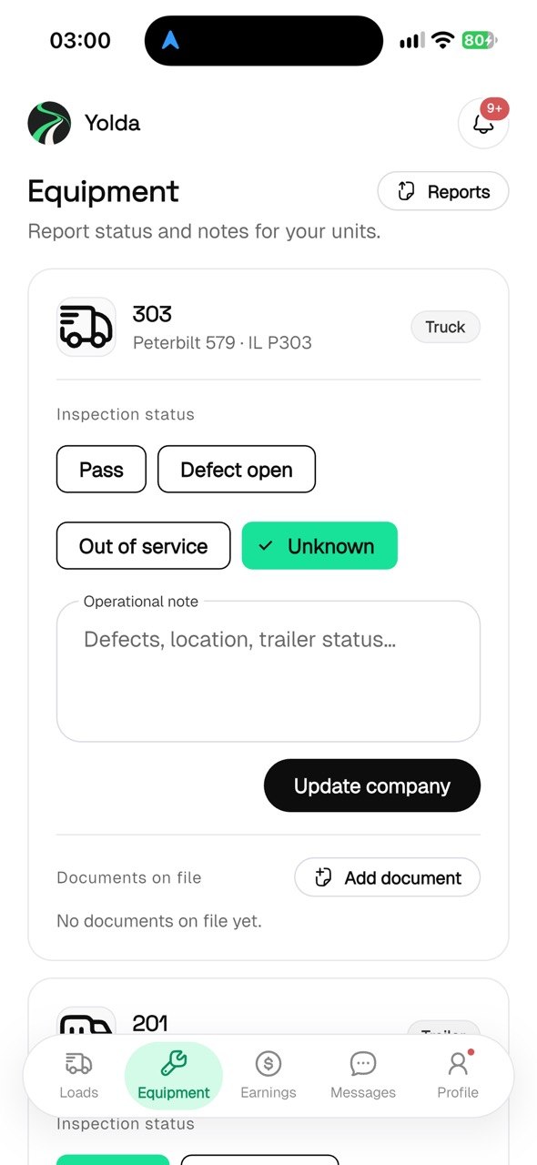 Yolda driver app equipment screen for reporting truck inspection status and notes
