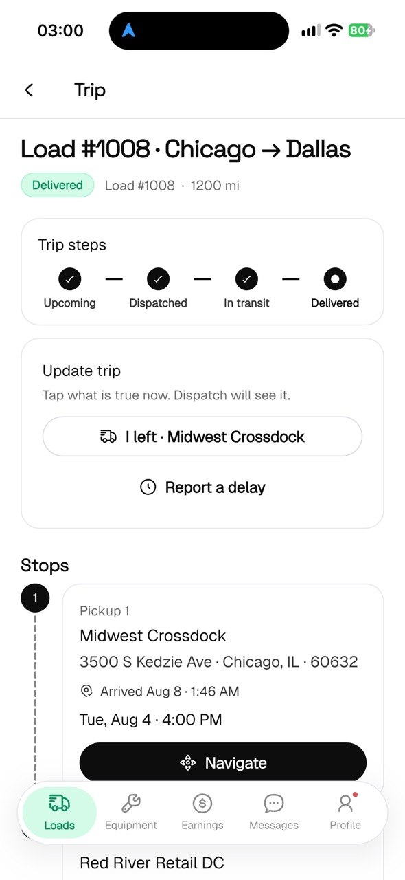 Yolda driver app trip screen showing load status steps, stops, and one-tap trip updates