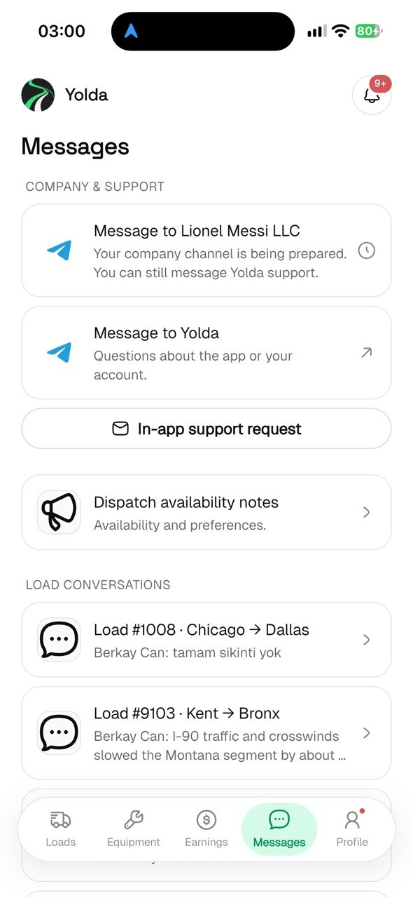 Yolda driver app messages screen with company support channels and per-load conversations