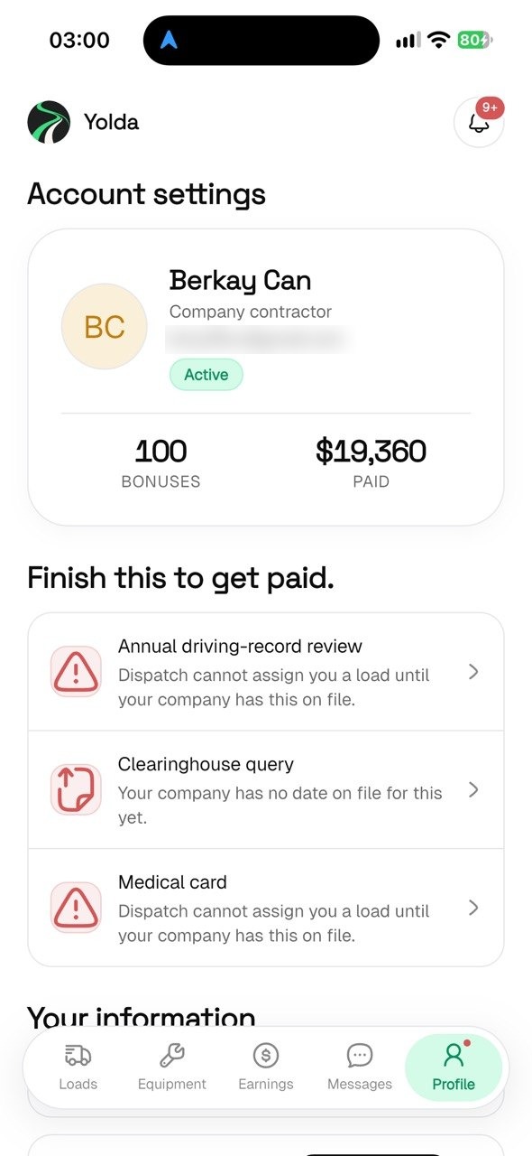 Yolda driver app profile screen with account details and compliance checklist